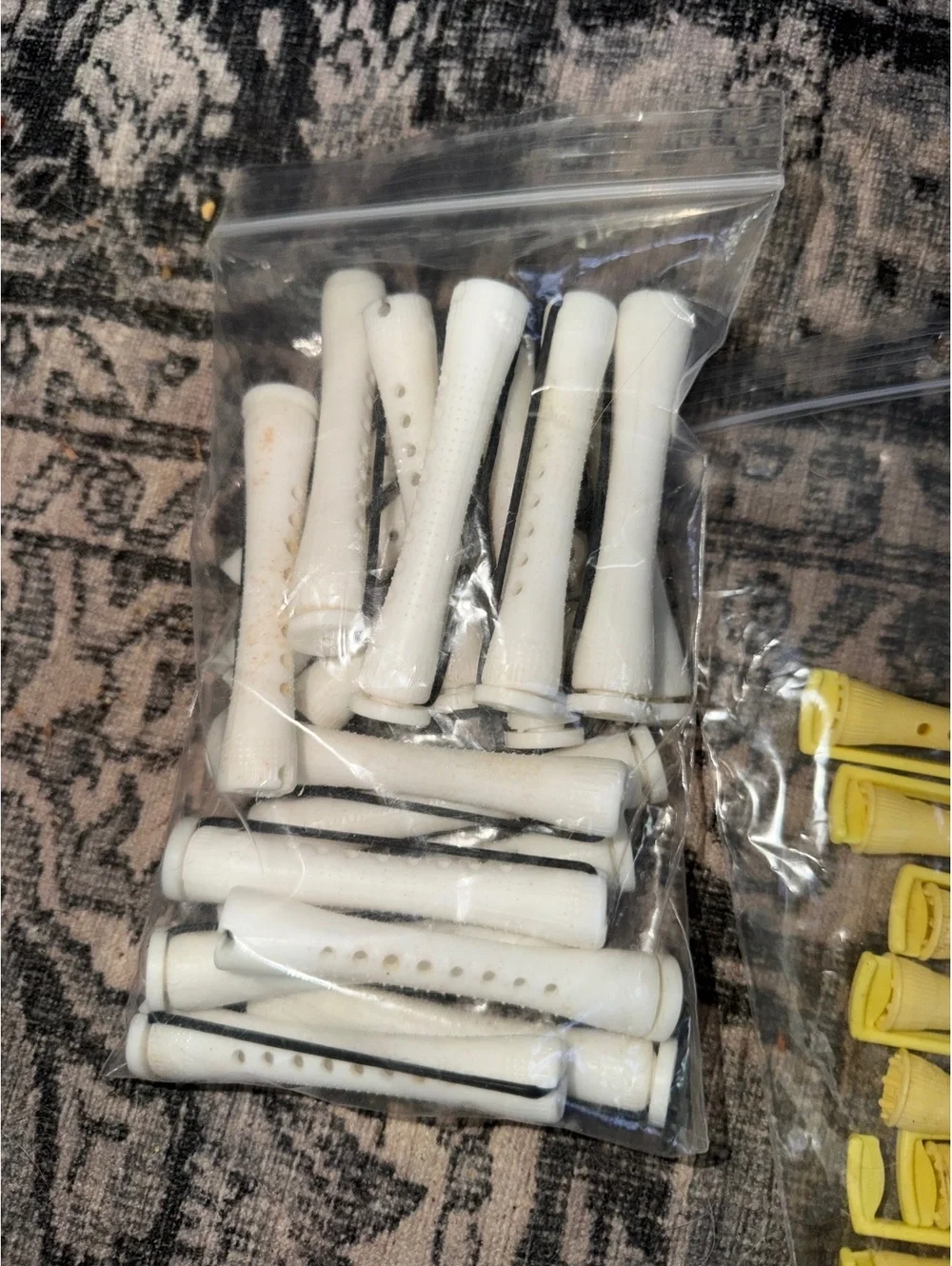 Vintage Plastic Hair Curlers Set in White, Yellow, & Purple